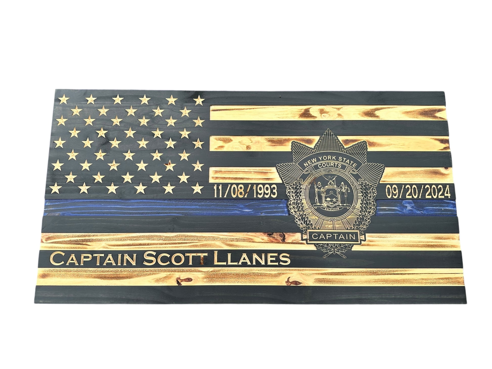 thin blue line american wooden flag with custom police badge engraving and personalization