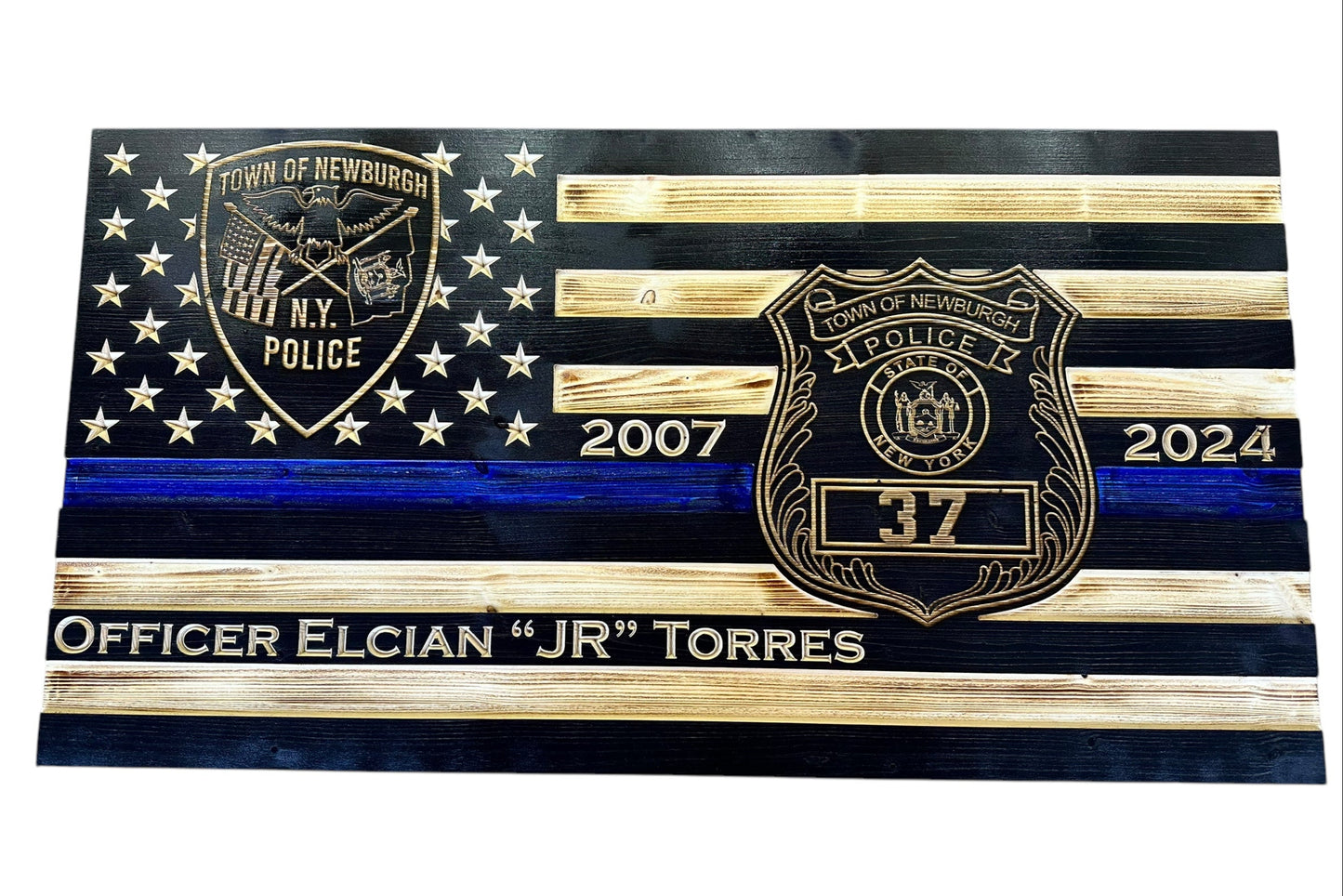 Custom Thin Blue Line Flag with Engraved Badges and Personalized Details