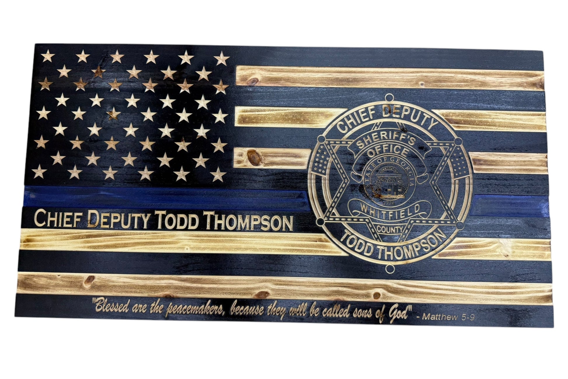 thin blue line american wooden flag with custom police badge engraving and personalization