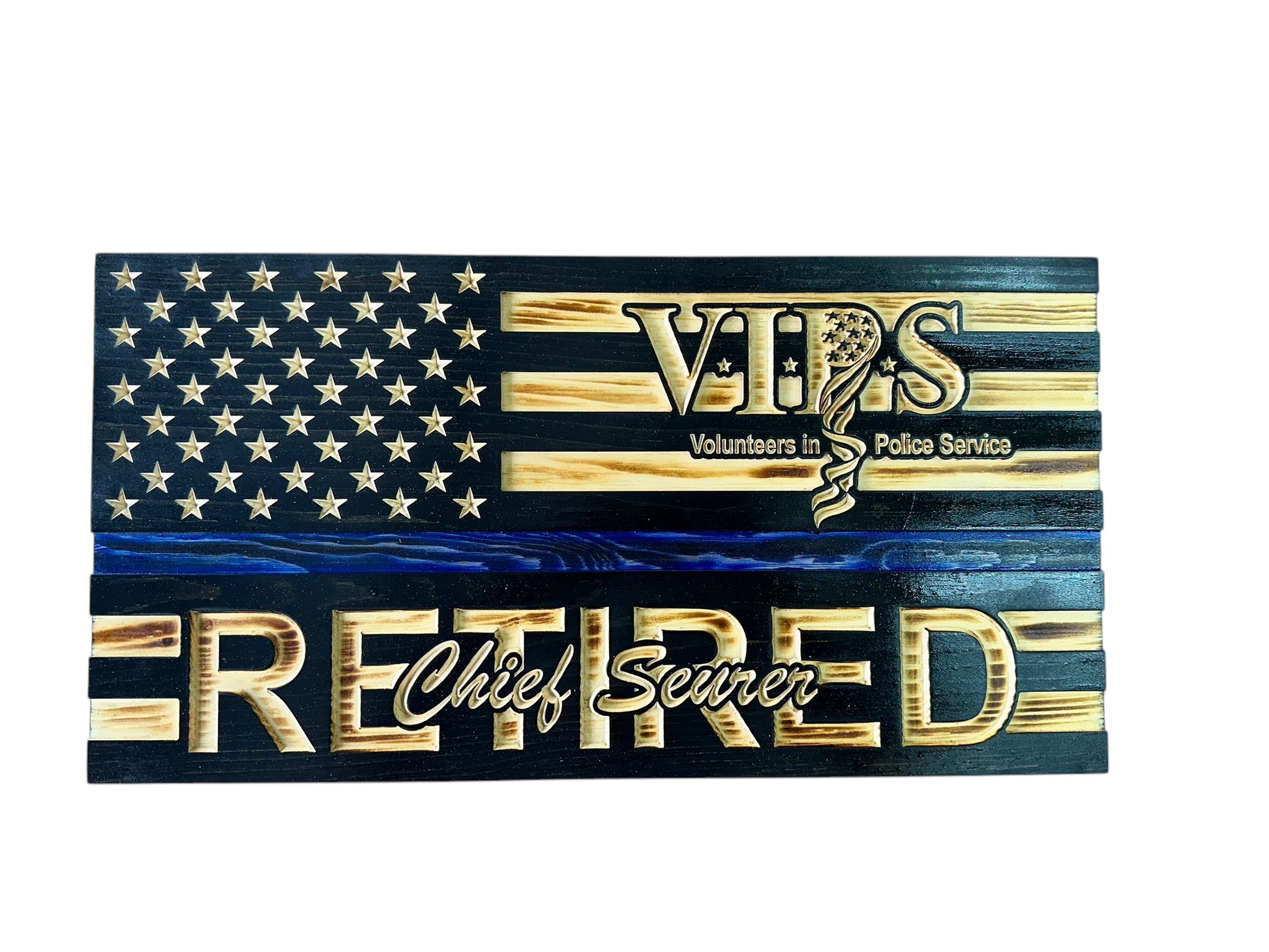 wooden thin blue line american flag with custom logo and personalization engraving