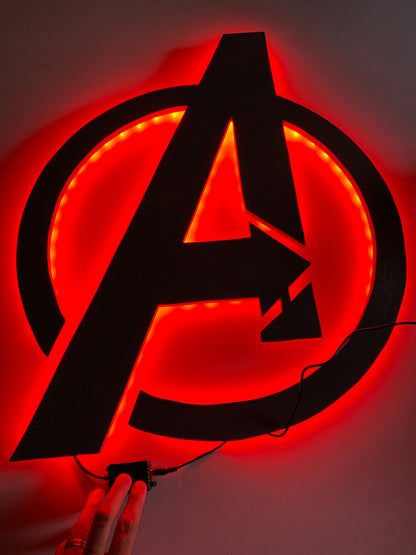 Wooden Avengers-Inspired Logo with LED Backlighting