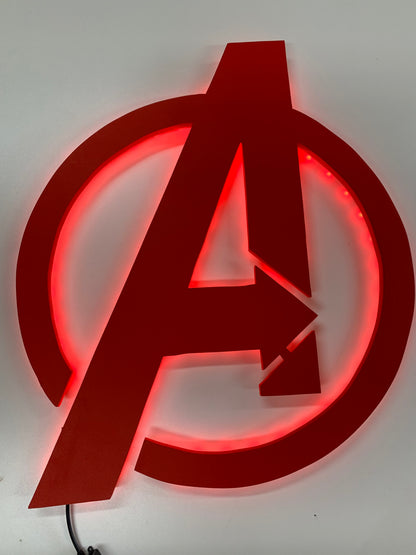 Wooden Avengers-Inspired Logo with LED Backlighting in red