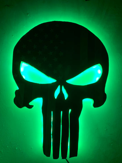 Wooden Punisher Thin Blue Line Flag with LED Backlighting