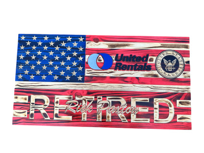 Custom Wooden Retirement American Flag with Personalized Engraving and Badges