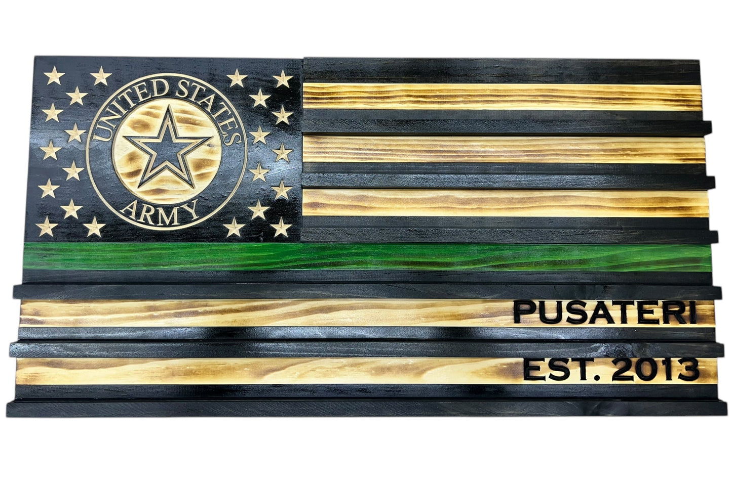 american military green line challenge coin display flag with army logo in the stars and personalization on two stripes