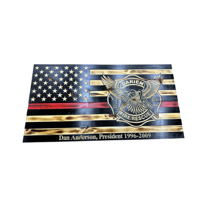 wooden thin red line american flag with a custom logo engraving