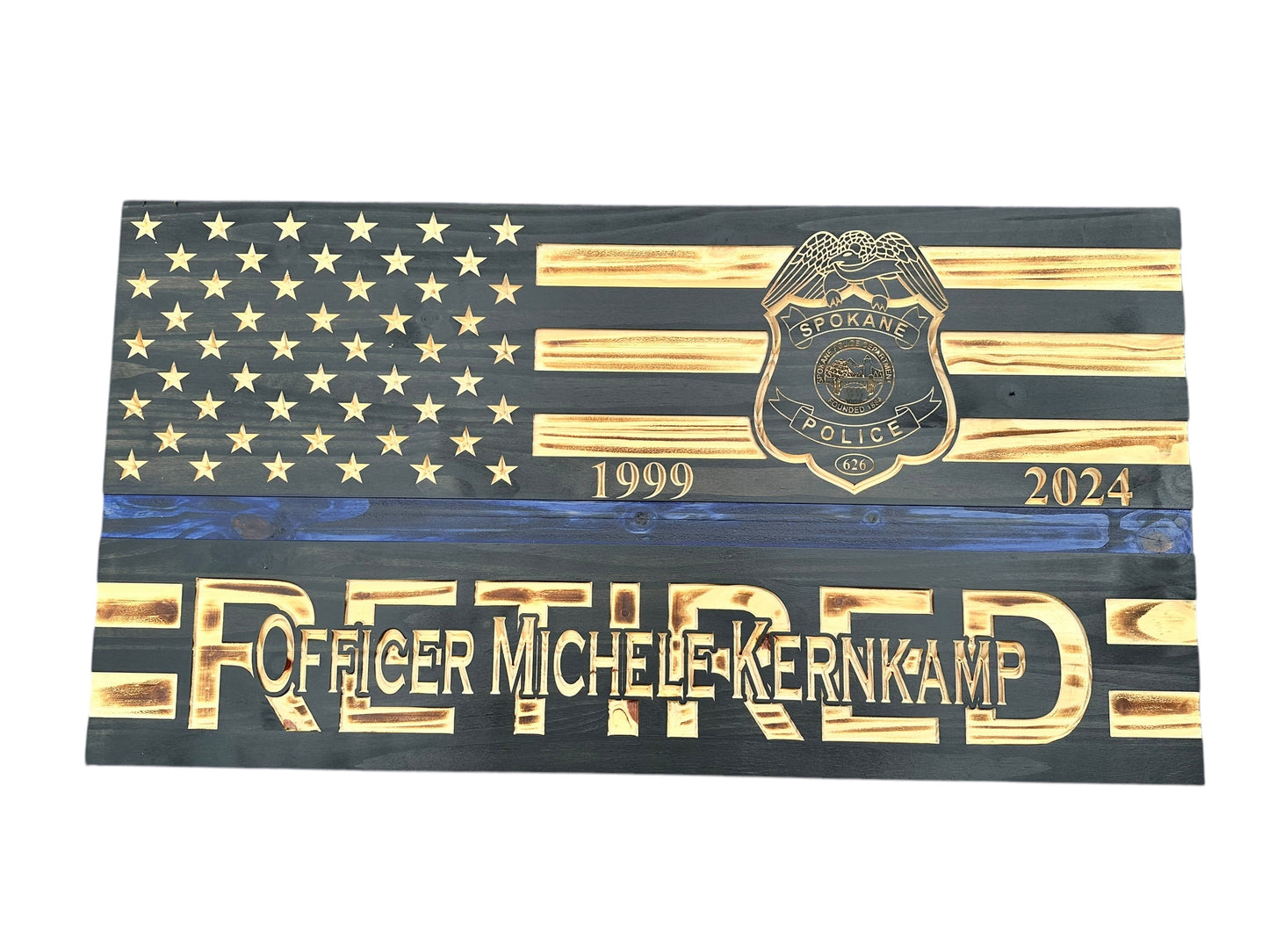 wooden thin blue line american flag with custom logo and personalization engraving