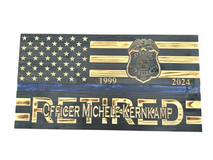 wooden thin blue line american flag with custom logo and personalization engraving