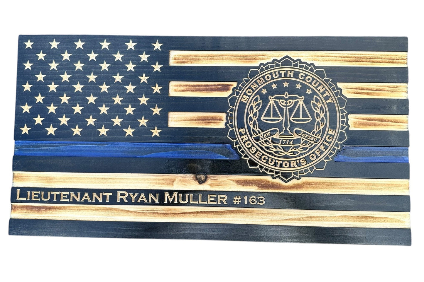 thin blue line american wooden flag with custom police badge engraving and personalization