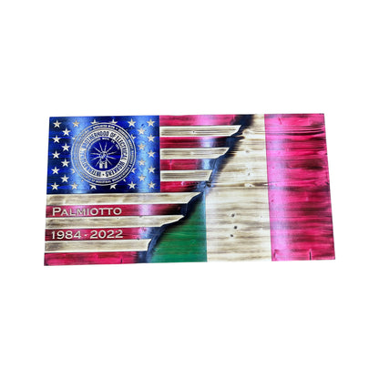 Custom Split American Flag with Engraved Badges and Personalization