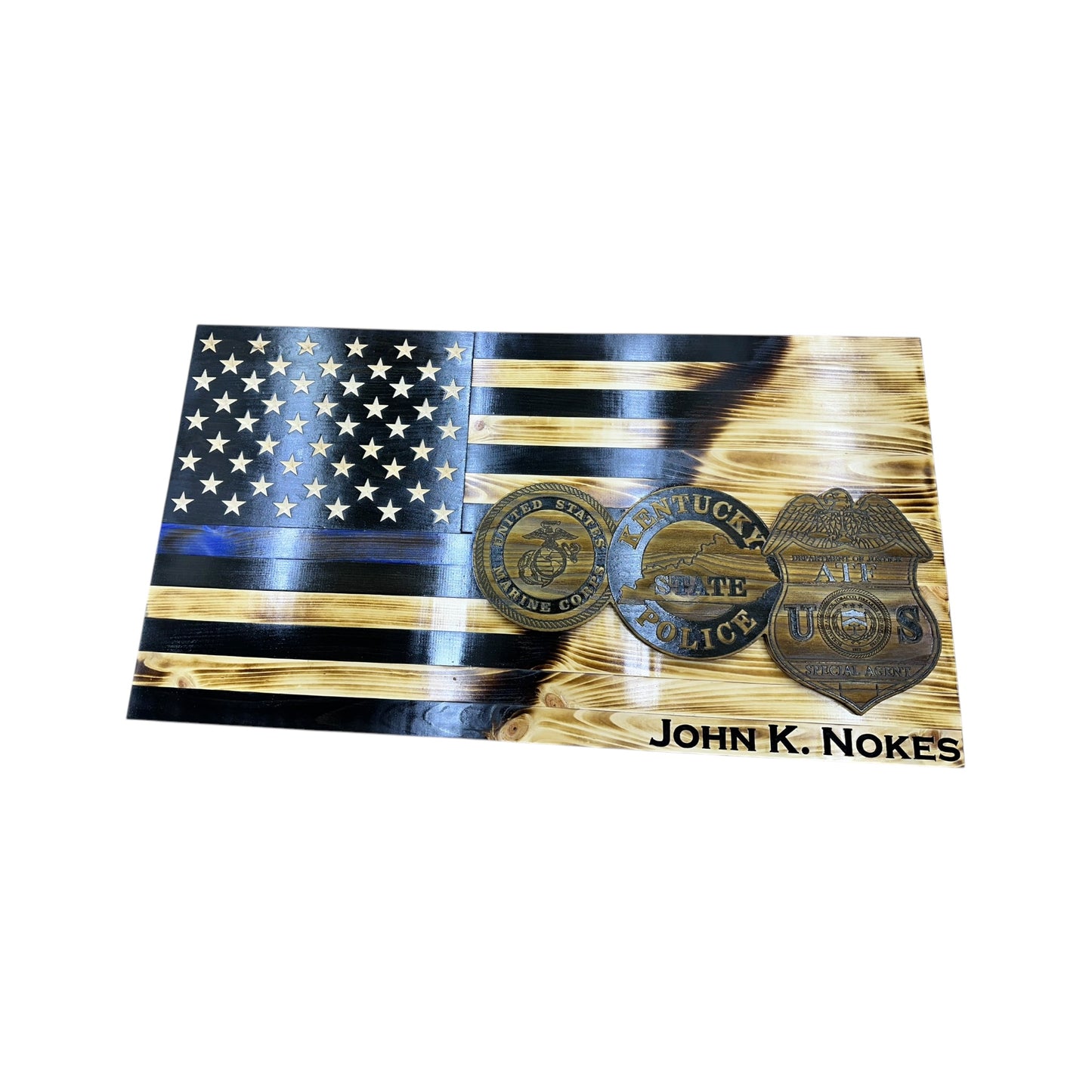 split american wooden flag with thin blue line and 3 custom badges