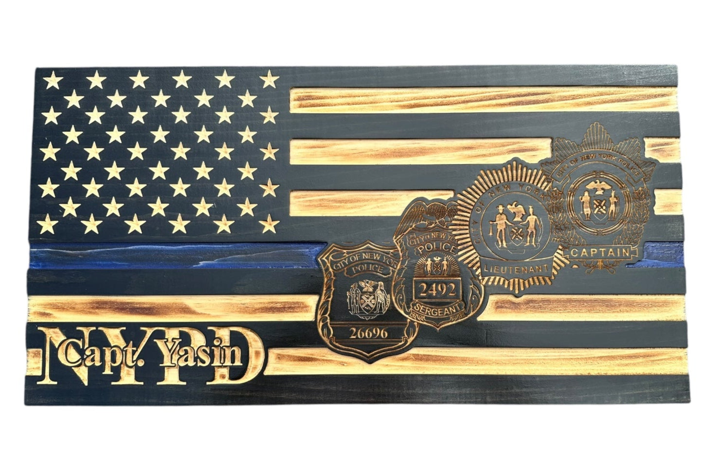 thin blue line american wooden flag with four custom police badge engravings and personalization