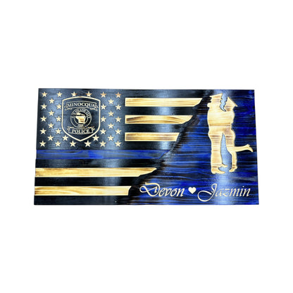 Custom Split American Flag with Engraved Badges and Personalization