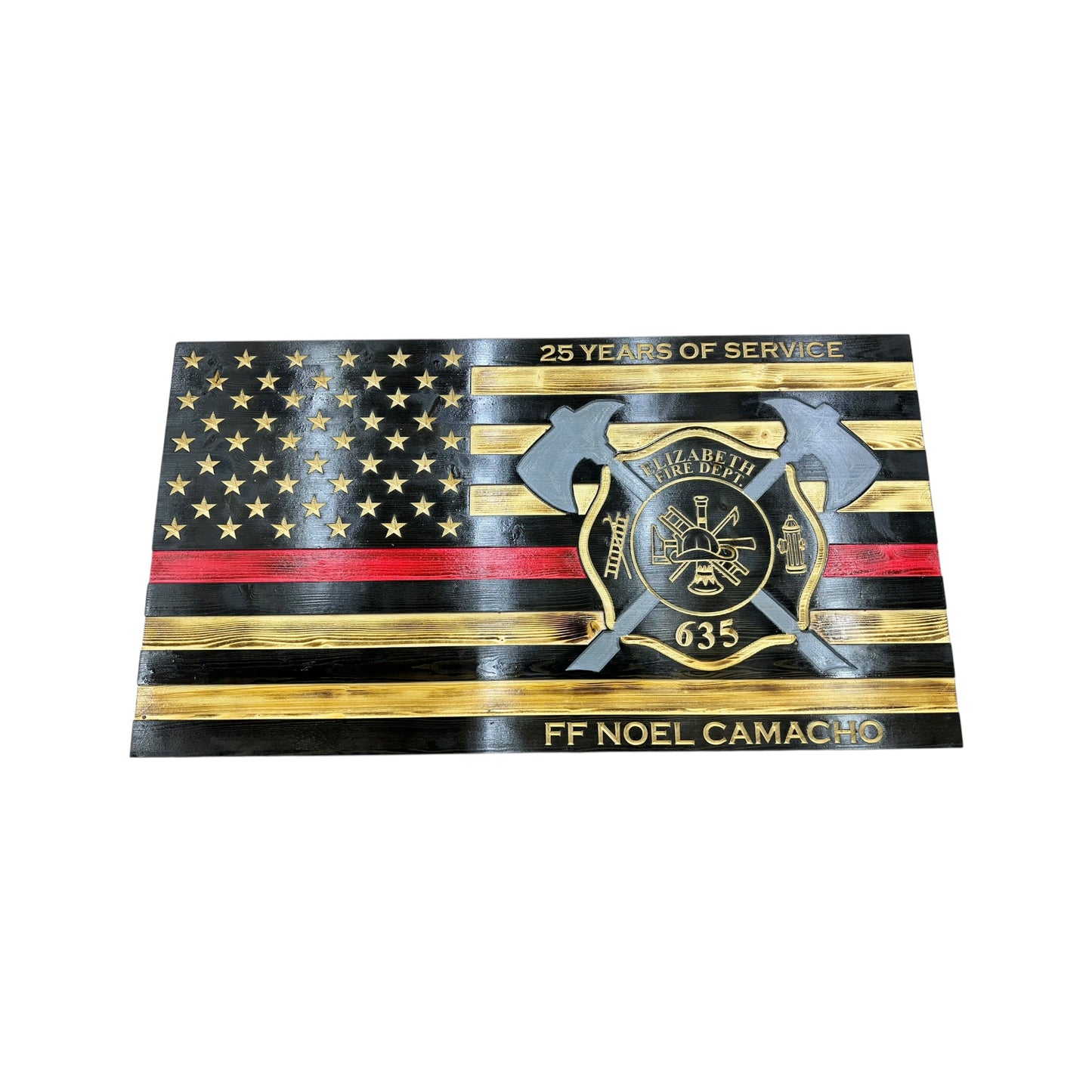 thin red line american wooden flag with engraved Maltese cross, firefighter axes and personalization