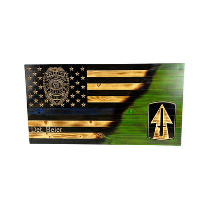 Custom Split American Flag with Engraved Badges and Personalization