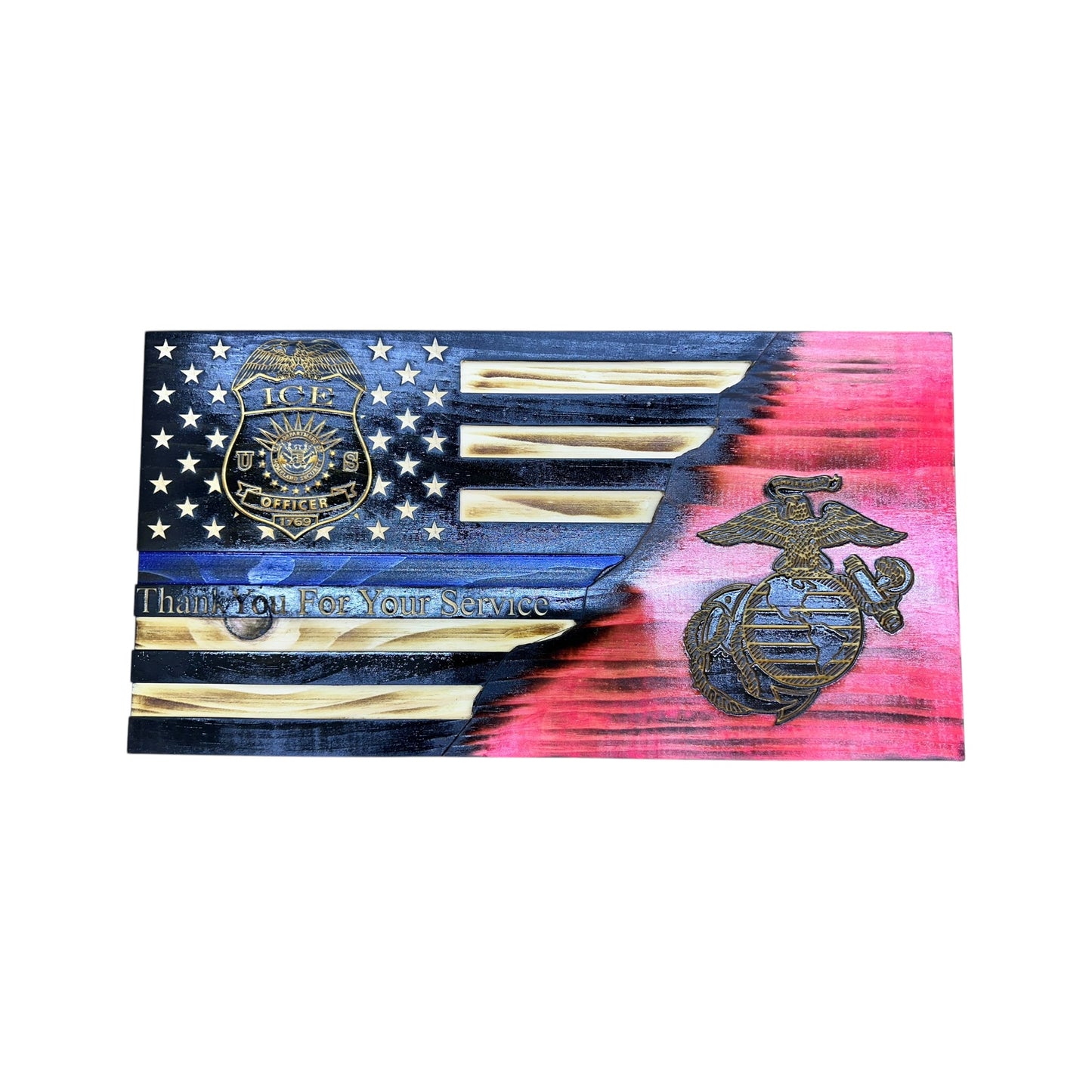 thin blue line american wooden flag with a custom badge engraving and marine corps engraving