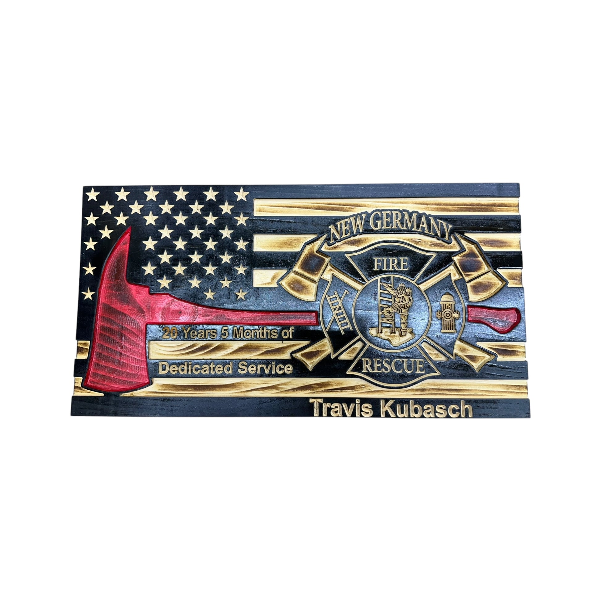 thin red line american wooden flag with firefighter axe and custom maltese cross