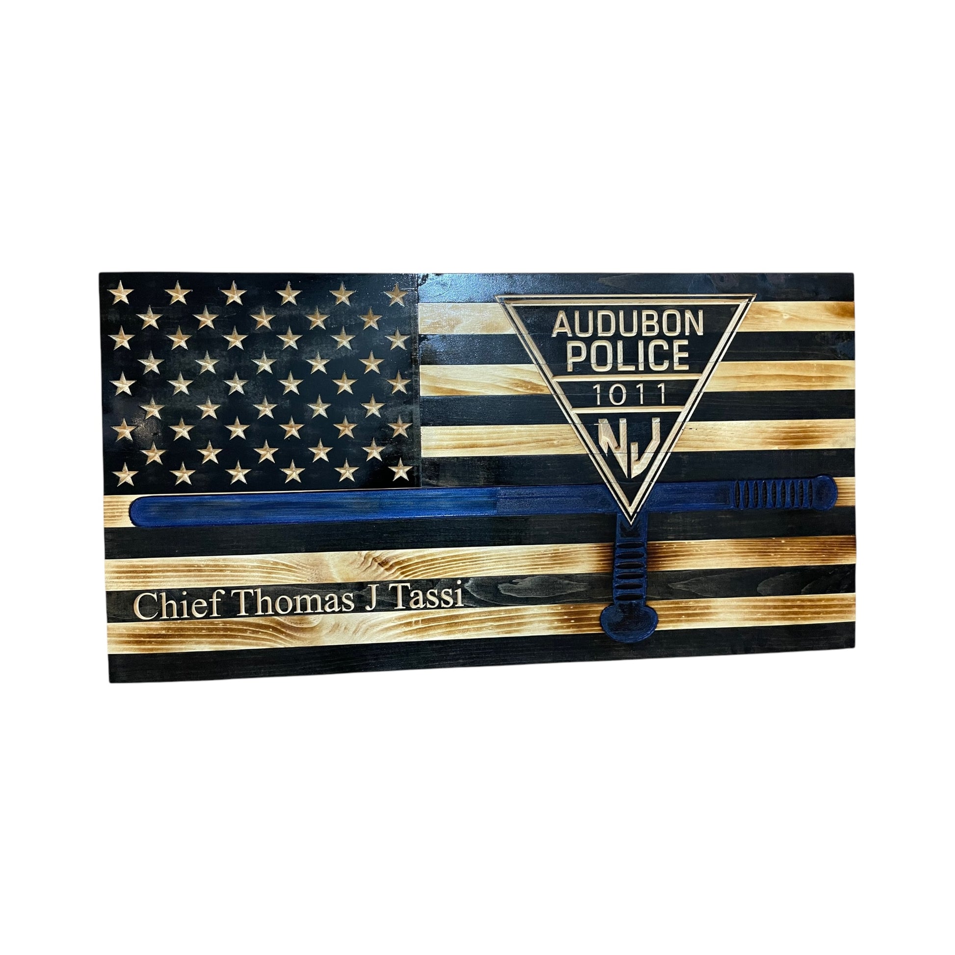 thin blue line american flag with police baton and custom new jersey patch and personalization engraved