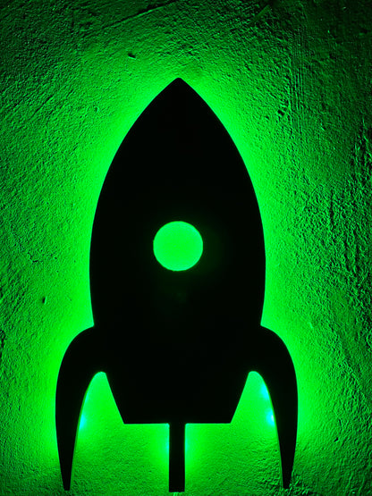 woden rocket cutout with led lighting wall art