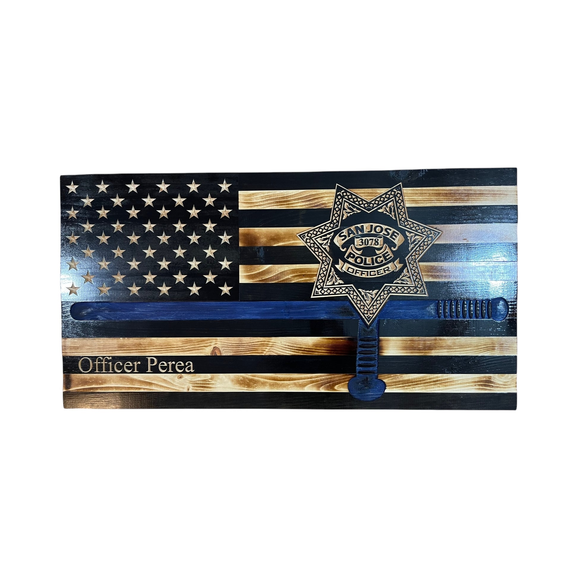 wooden thin blue line american flag with police baton and custom police shield with personalization engraved