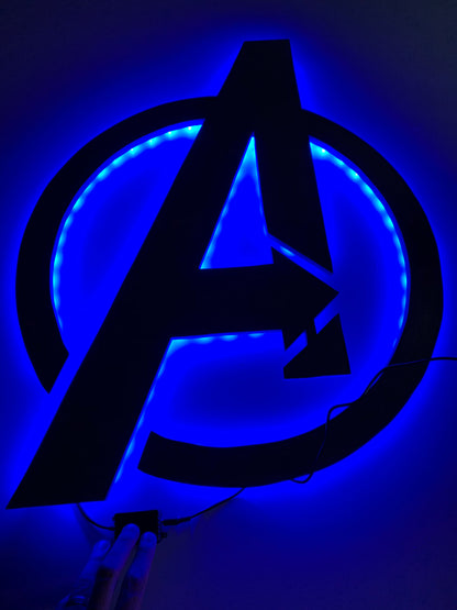 Wooden Avengers-Inspired Logo with LED Backlighting