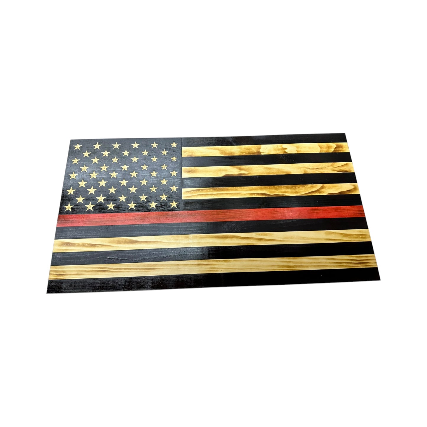 wooden thin red line american flag with a custom logo engraving