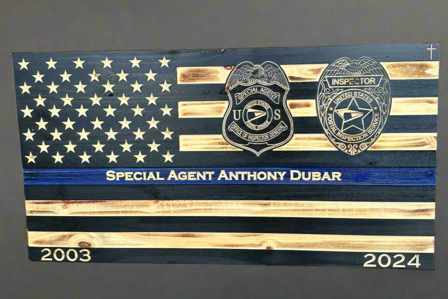 wooden american thin blue line flag with 2 engraved badges and custom personalization on the blue line