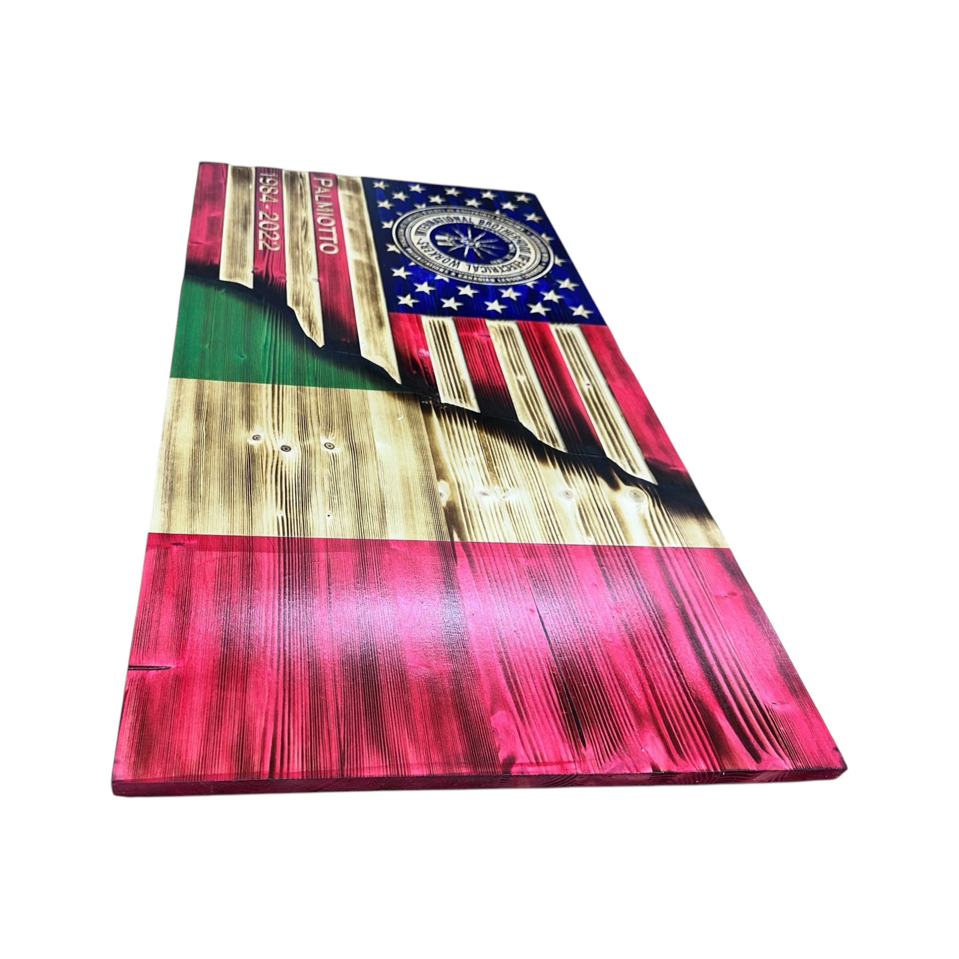 split american red white and blue flag with italian flag and custom badge engraving in the stars union