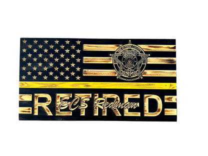 wooden thin yellow line american flag with custom logo and personalization engraving