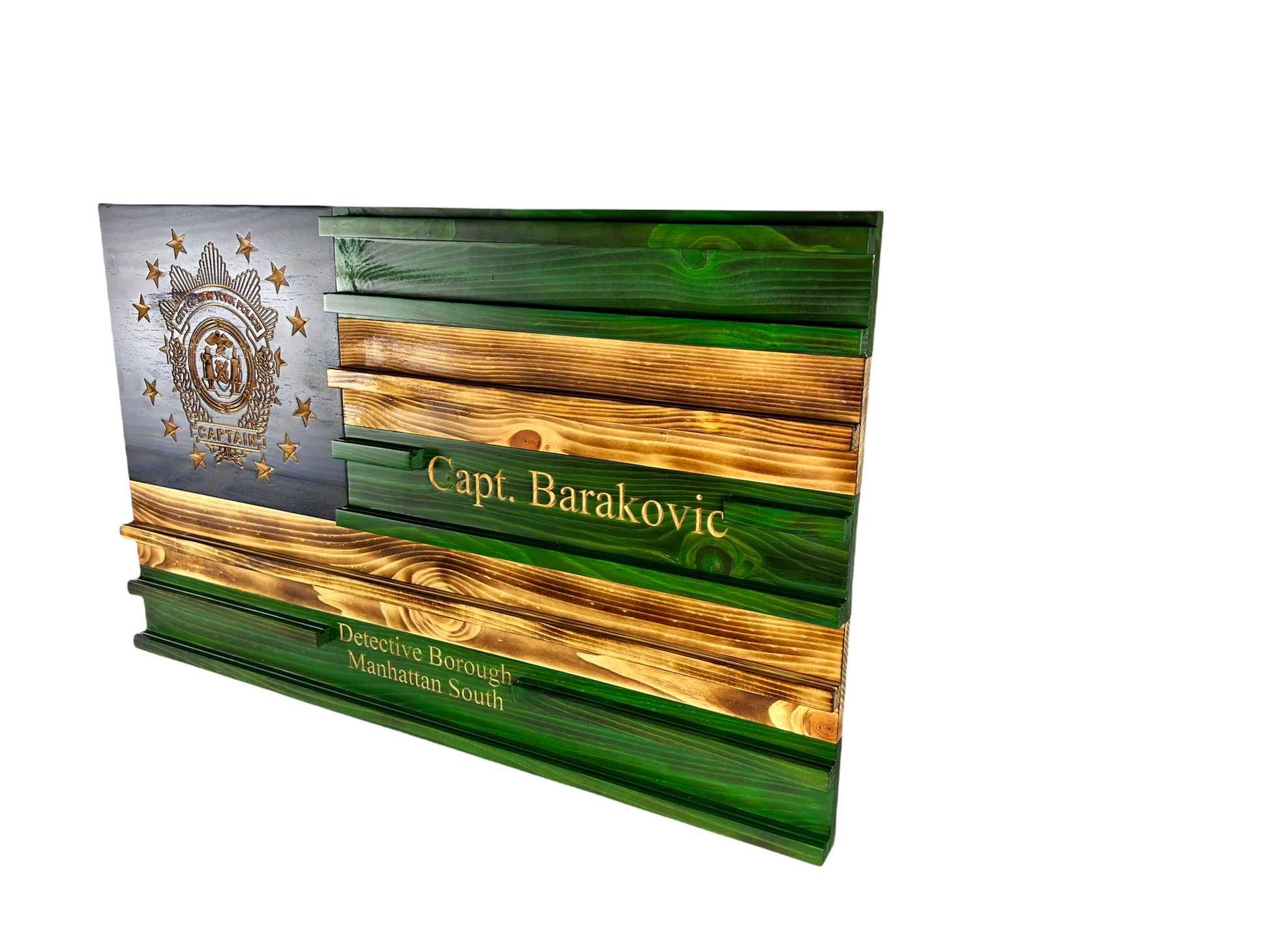 Handcrafted NYPD themed thin blue line wooden flag that can be made as a challenge coin holder