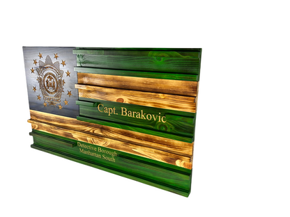 Handcrafted NYPD themed thin blue line wooden flag that can be made as a challenge coin holder
