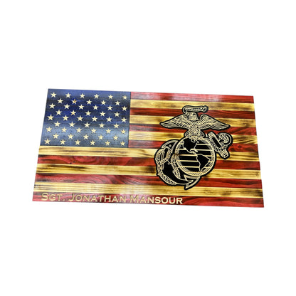 wooden american flag with marine corps logo engraved with personalization 