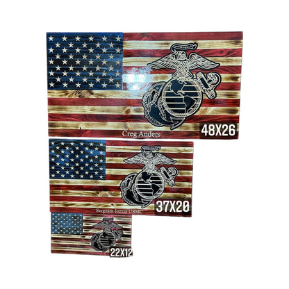 wooden american flag with marine corps logo engraved with personalization different sizes