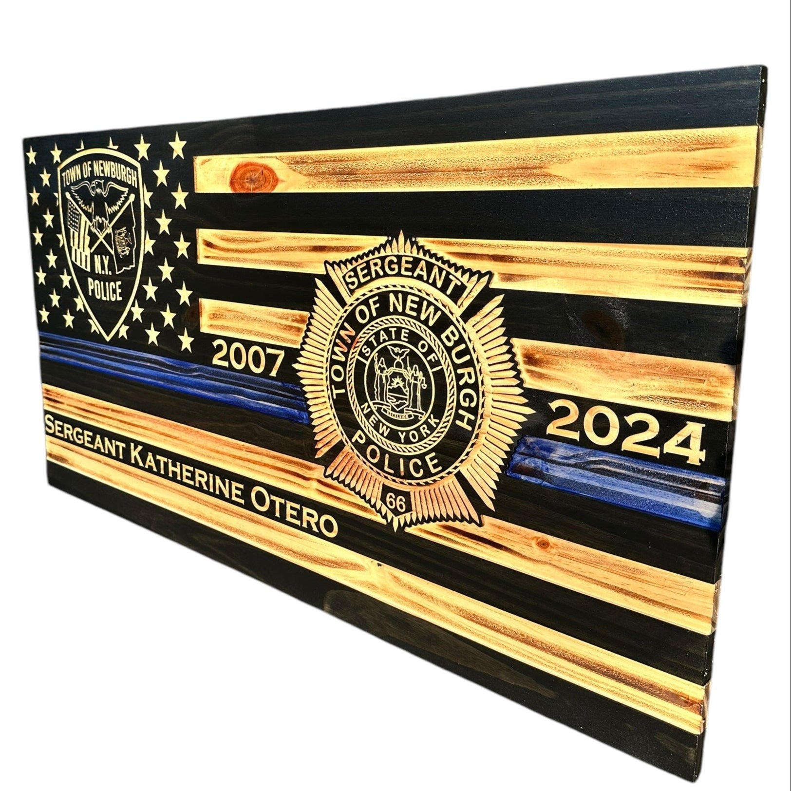 thin blue line american wooden flag with custom engraved badge in the stars and on the stripes. with personalization