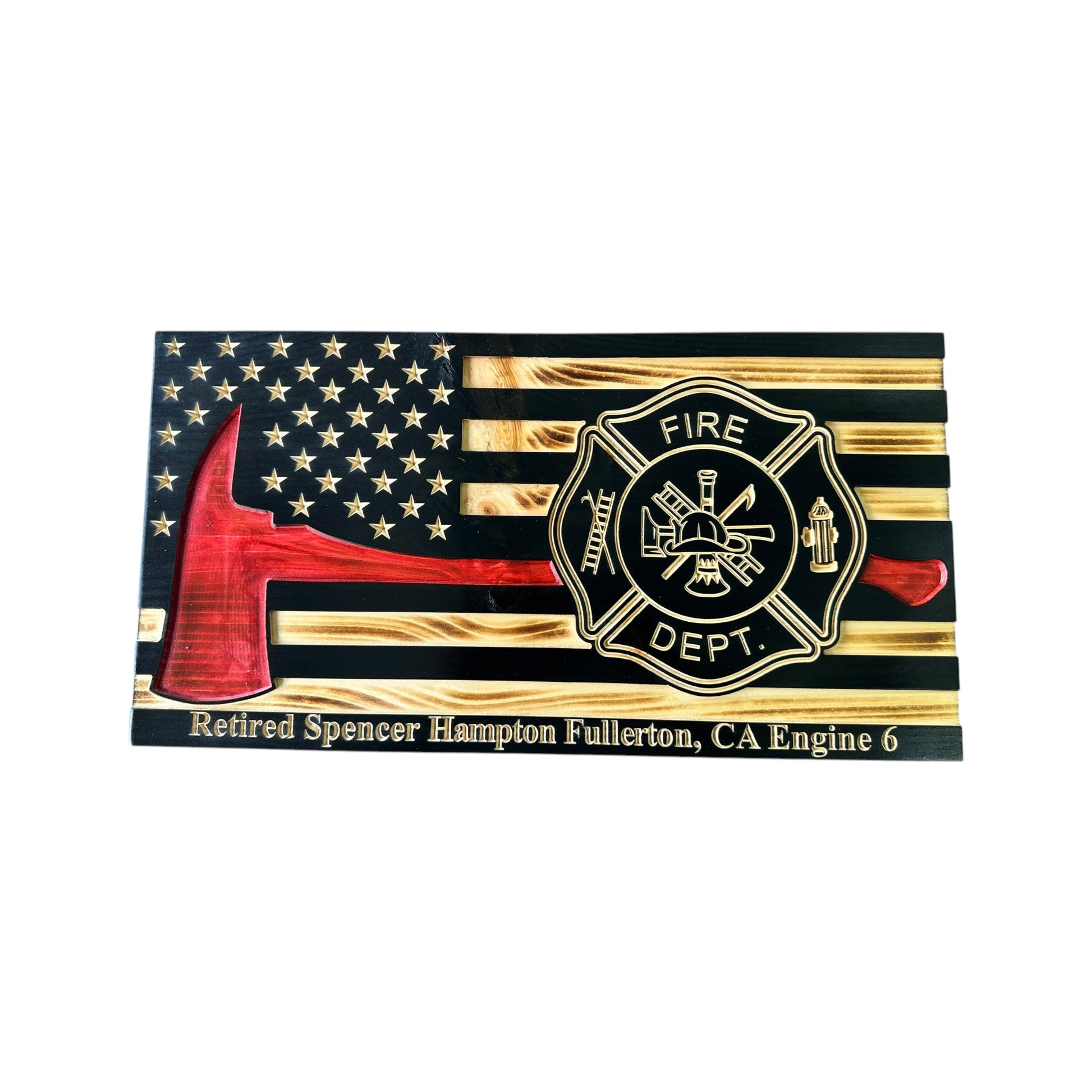 thin red line american wooden flag with firefighter axe and custom maltese cross