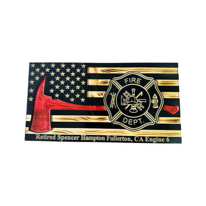 thin red line american wooden flag with firefighter axe and custom maltese cross