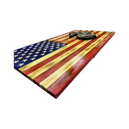 wooden american flag with marine corps logo engraved with personalization 