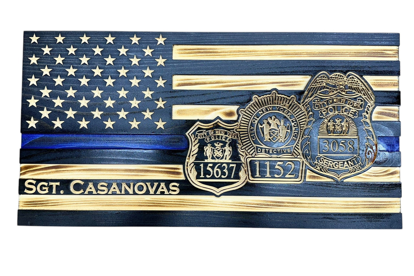 wooden thin blue line flag with 3 staggered engraved police shields