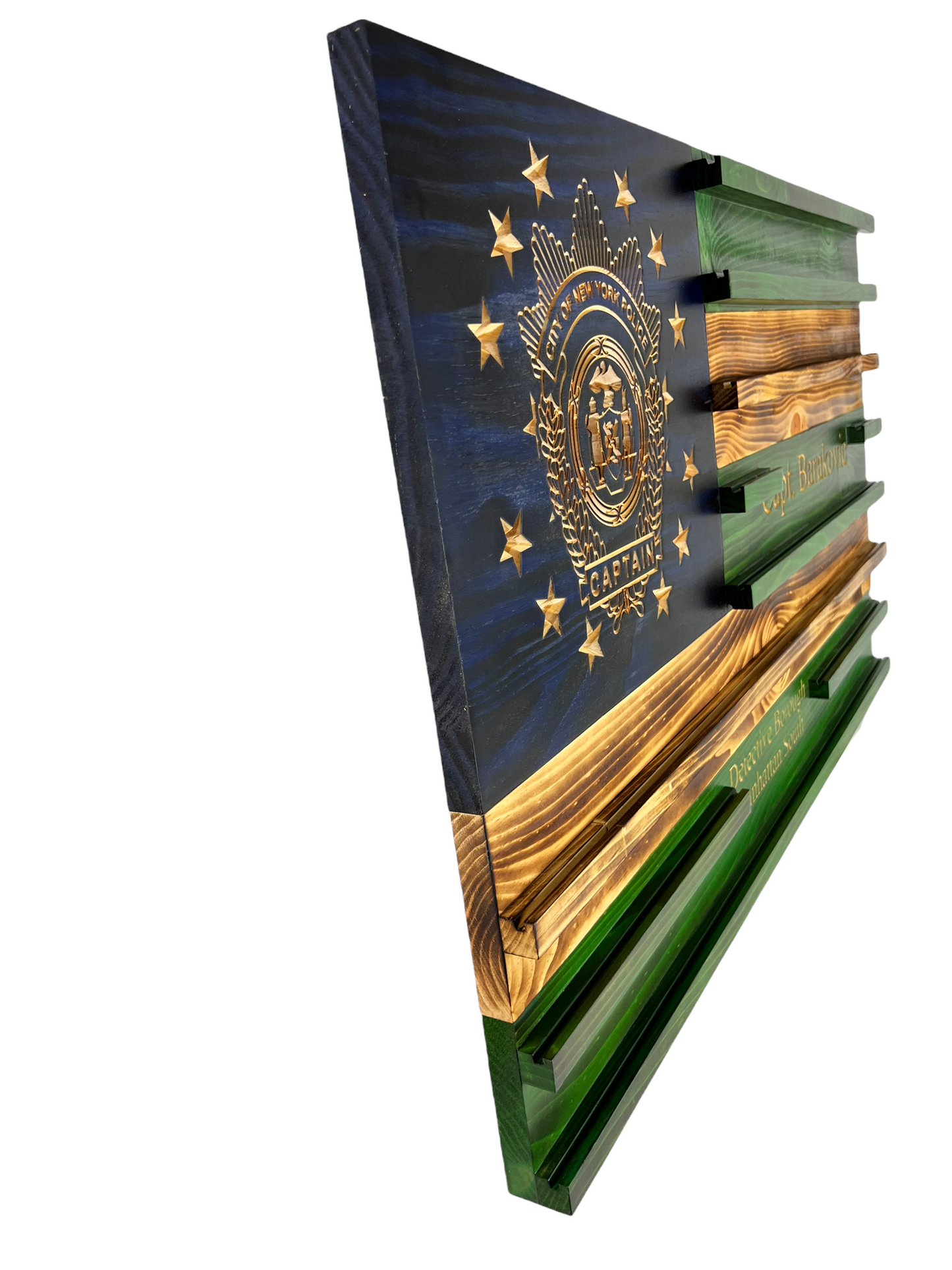 Custom police retirement gift wooden flag with shelves for challenge coin display