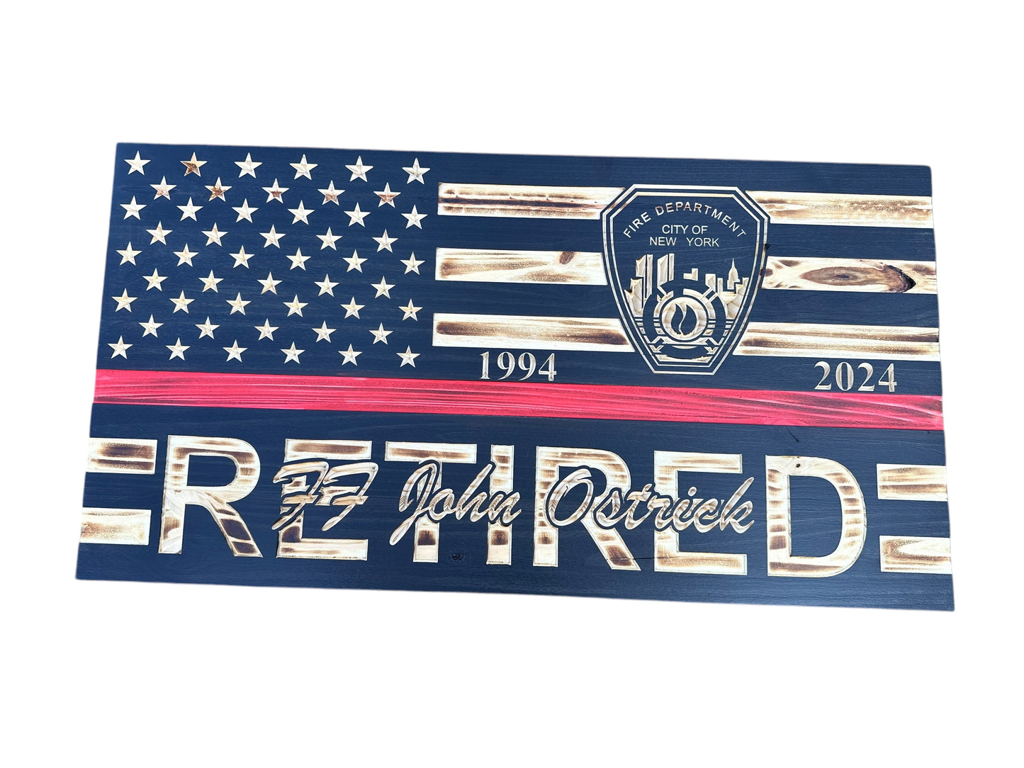 Custom Wooden Retirement American Flag with Personalized Engraving and Badges