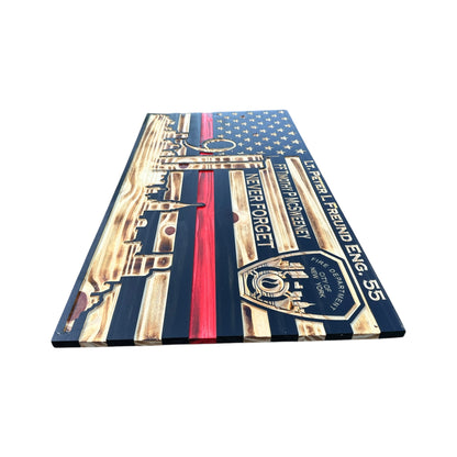 side view of wooden american flag with nyc skyline and 9/11 twin towers thin red line