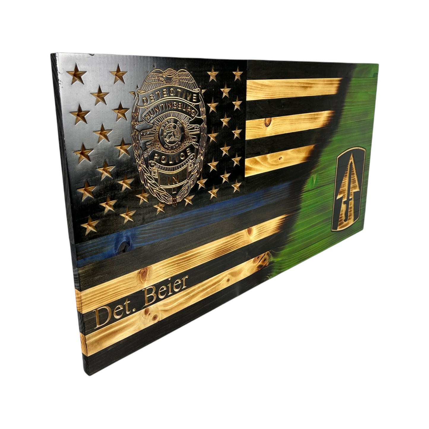 side view of the split american flag with a custom badge engraving and army insignia