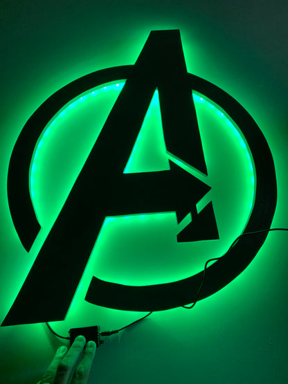 Wooden Avengers-Inspired Logo with LED Backlighting