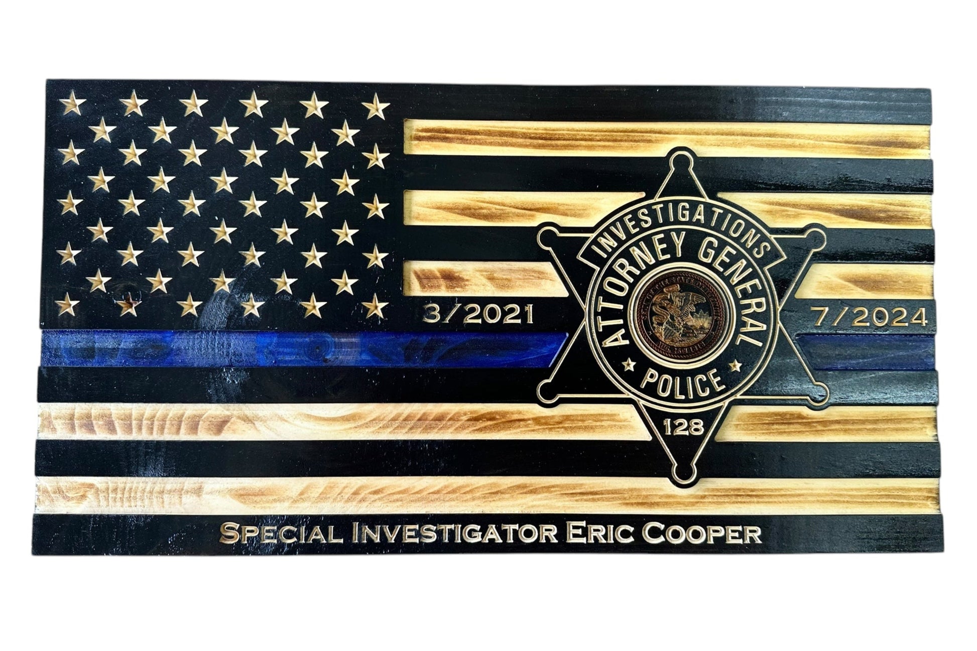 thin blue line american wooden flag with custom police badge engraving and personalization