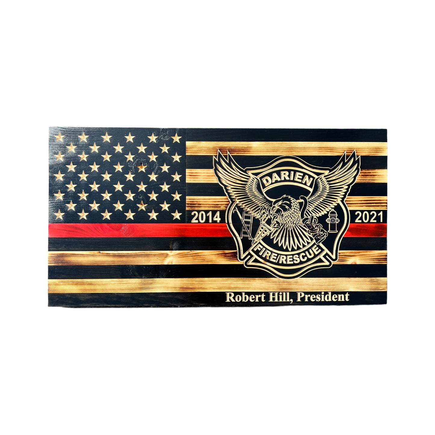 wooden thin red line american flag with a custom logo engraving