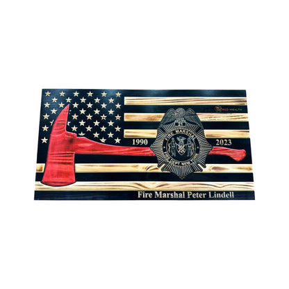 thin red line american wooden flag with firefighter axe and custom badge engraving