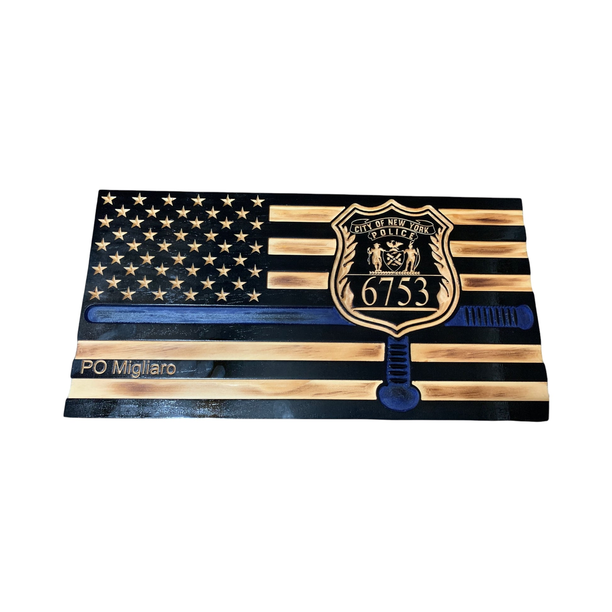 thin blue line american flag with police baton and custom police shield with personalization engraved