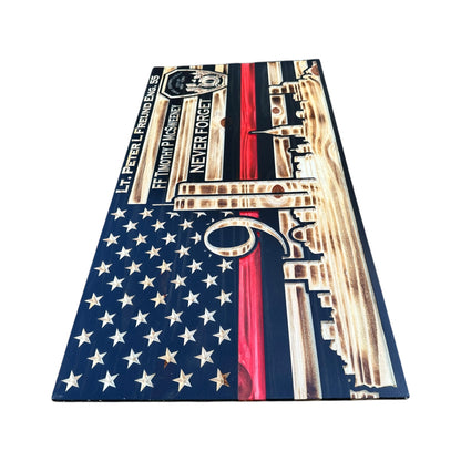 wooden american flag with nyc skyline and 9/11 twin towers thin red line