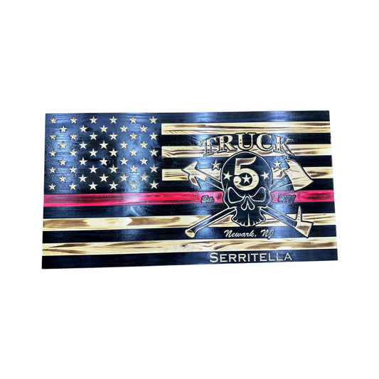 wooden thin red line american flag with a custom logo engraving