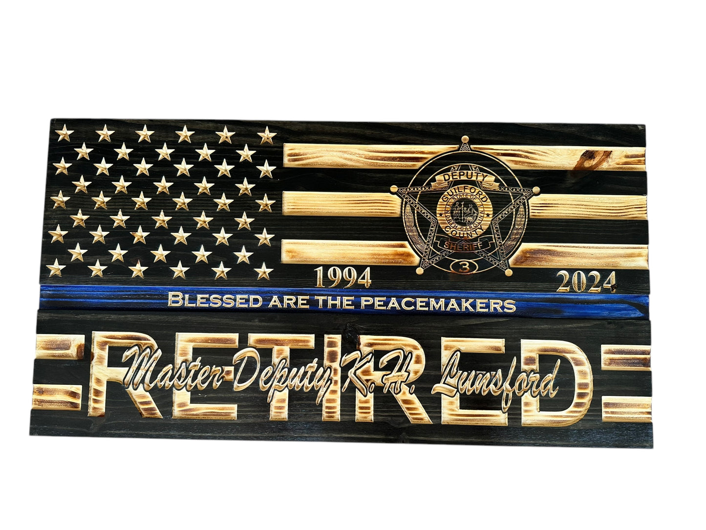 Custom Wooden Retirement American Flag with Personalized Engraving and Badges